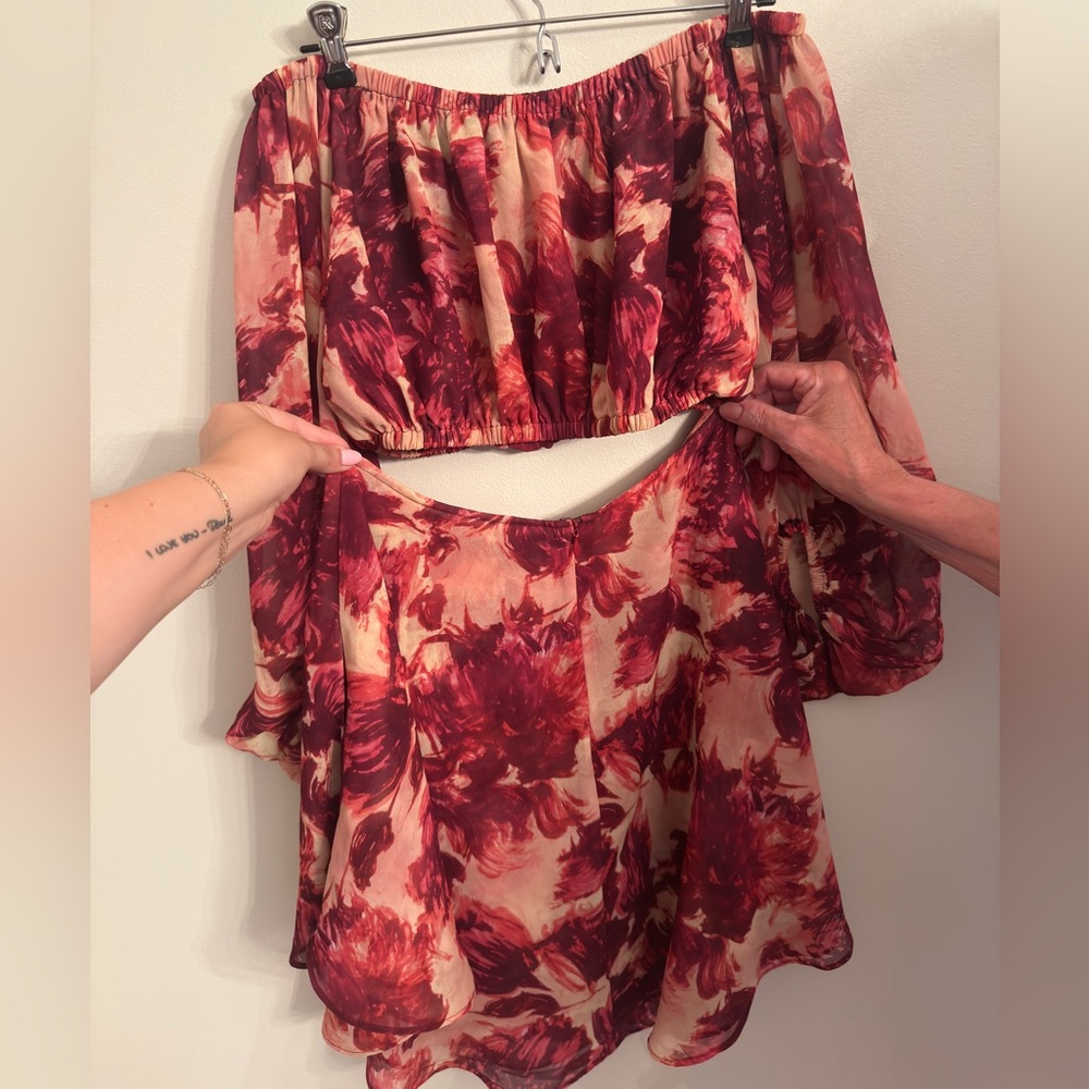 For Love & Lemons Red and Pink Floral Skirt Set